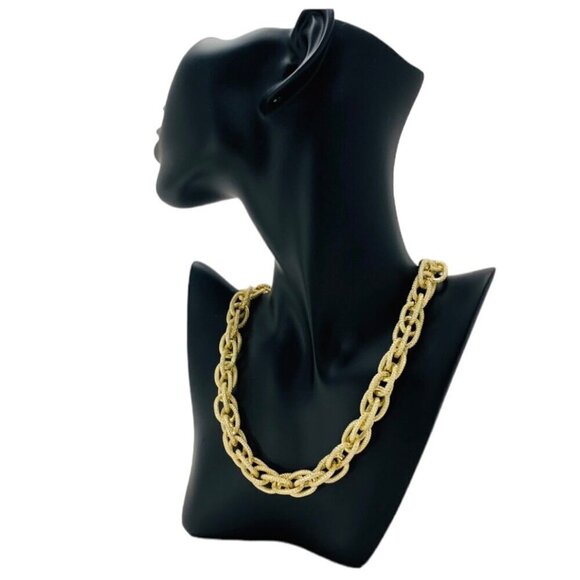 Chunky Gold Plated Chain Necklace Textured Link Elegant 19” Long Statement - Picture 5 of 8